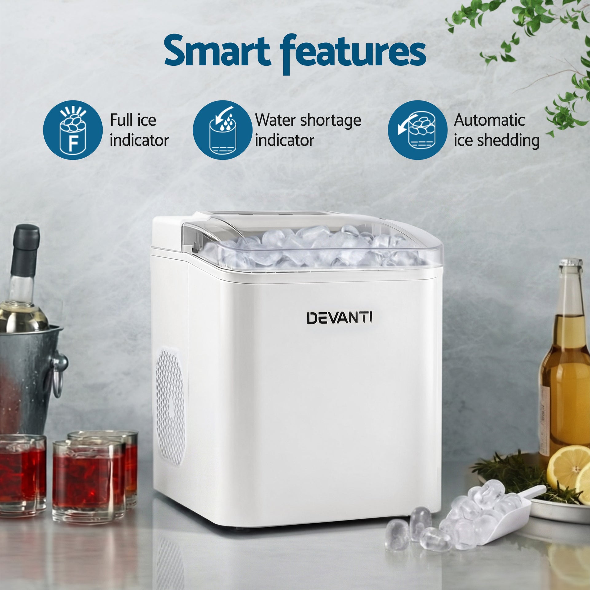 Devanti Ice Maker Machine Portable 12kg Countertop w/Self Cleaning 1.2L White Awezingly