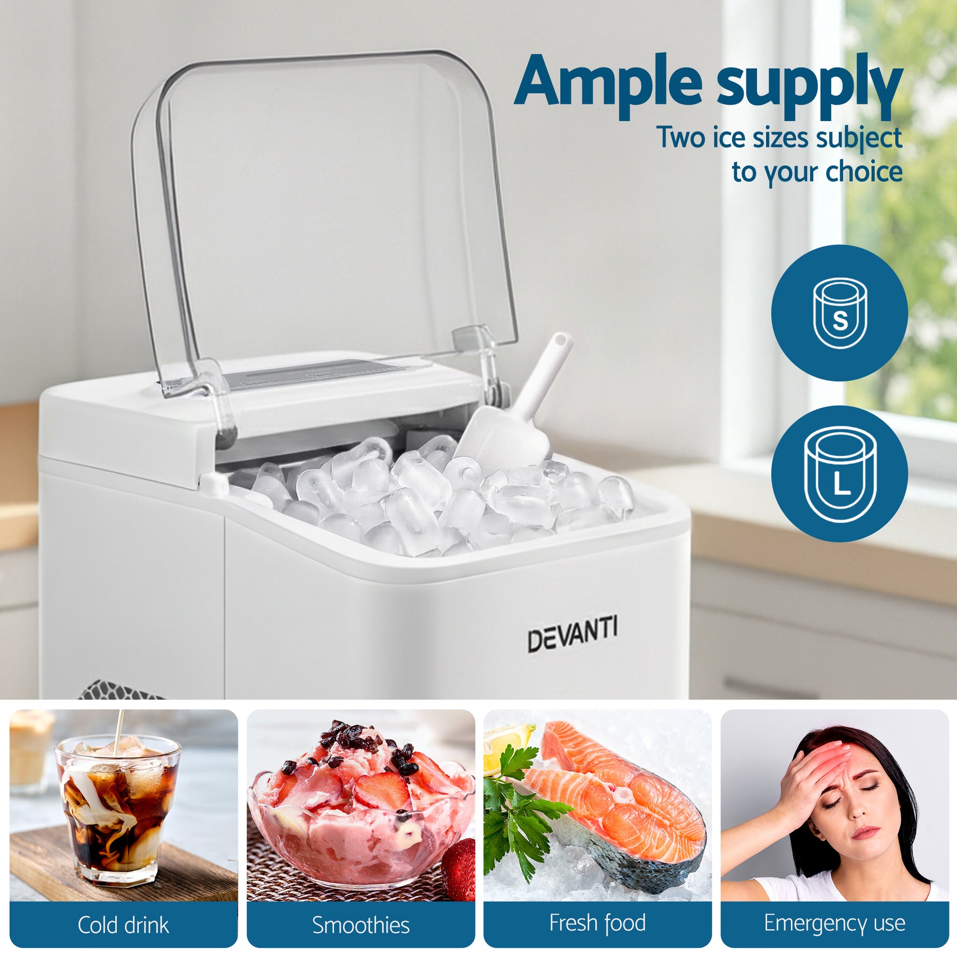 Devanti Ice Maker Machine Portable 12kg Countertop w/Self Cleaning 1.2L White Awezingly