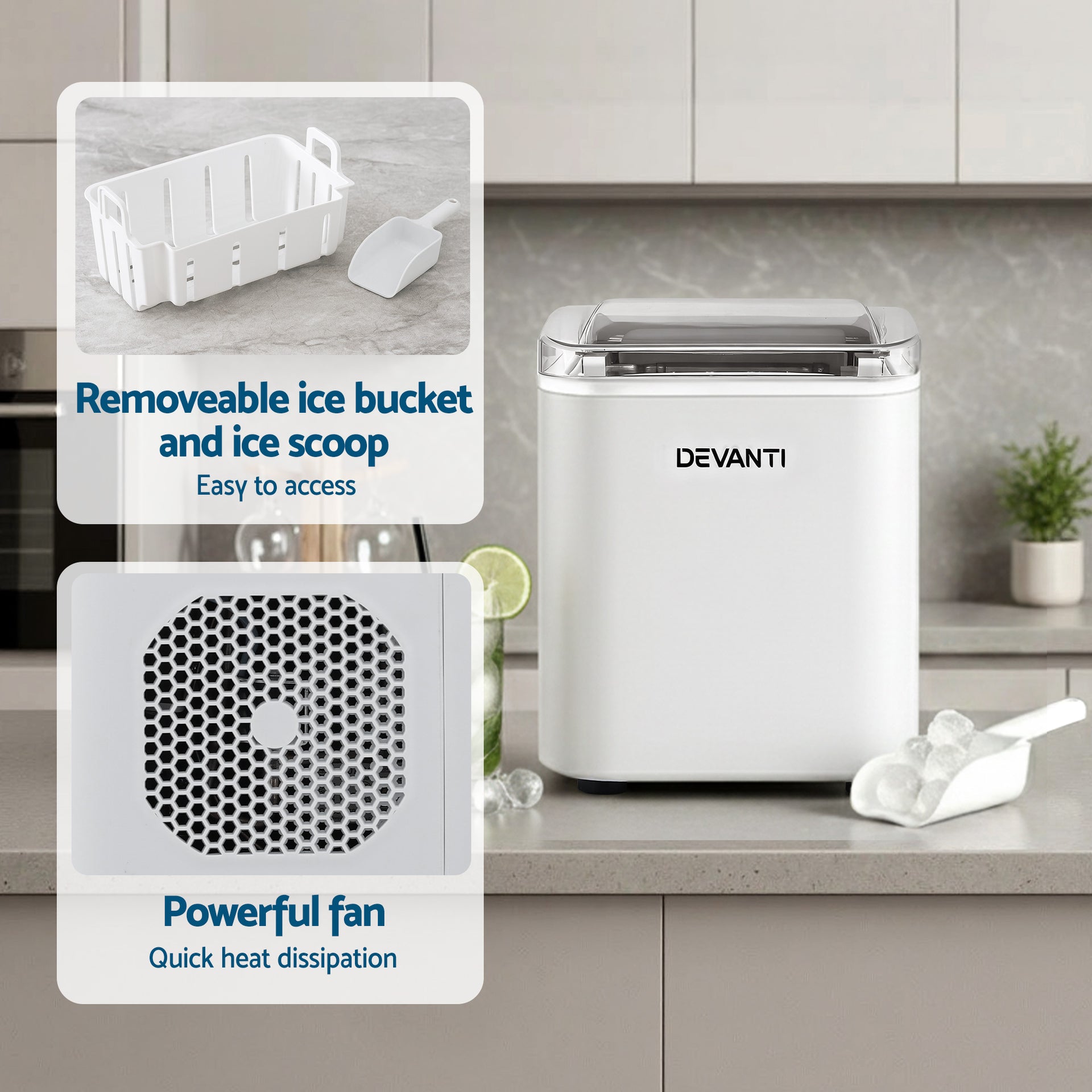 Devanti Ice Maker Machine Portable 12kg Countertop w/Self Cleaning 1.2L White Awezingly