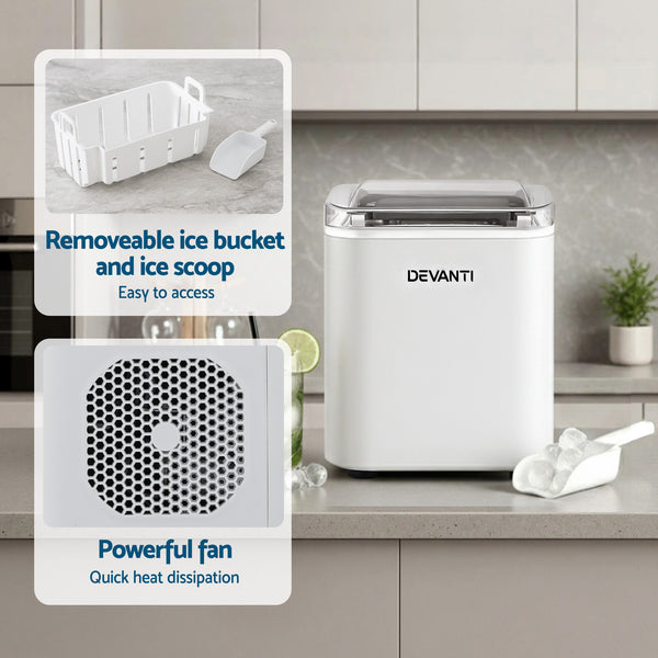 Devanti Ice Maker Machine Portable 12kg Countertop w/Self Cleaning 1.2L White Awezingly