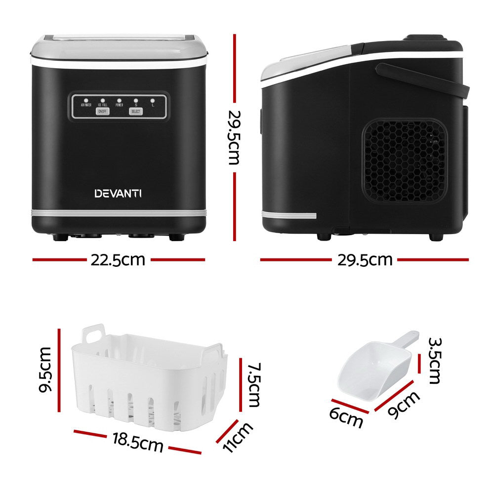 Devanti Ice Maker Machine Portable 12kg Countertop w/Self Cleaning 1.3L Black Awezingly