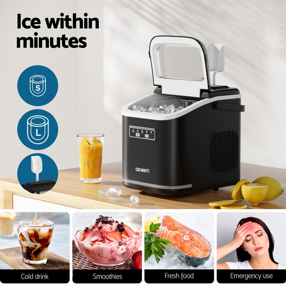 Devanti Ice Maker Machine Portable 12kg Countertop w/Self Cleaning 1.3L Black Awezingly