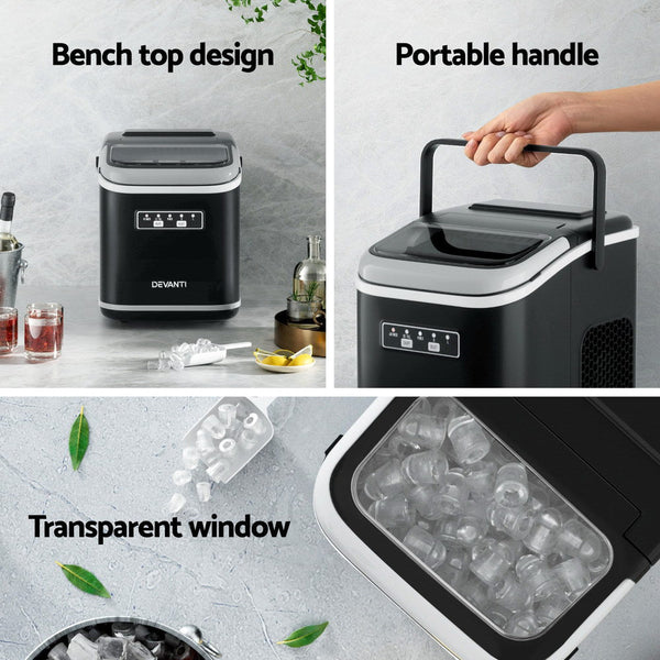 Devanti Ice Maker Machine Portable 12kg Countertop w/Self Cleaning 1.3L Black Awezingly