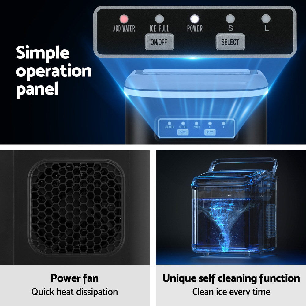 Devanti Ice Maker Machine Portable 12kg Countertop w/Self Cleaning 1.3L Black Awezingly