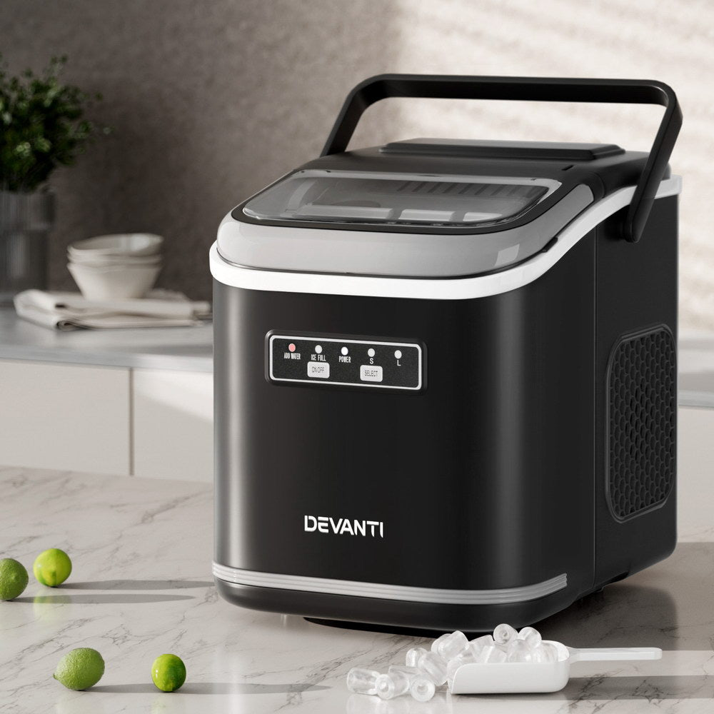 Devanti Ice Maker Machine Portable 12kg Countertop w/Self Cleaning 1.3L Black Awezingly
