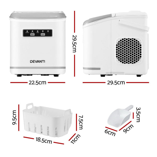 Devanti Ice Maker Machine Portable 12kg Countertop w/Self Cleaning 1.3L White Awezingly