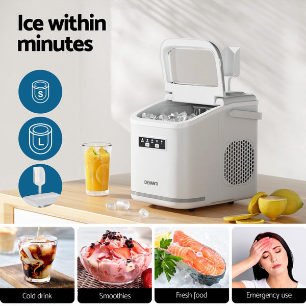 Devanti Ice Maker Machine Portable 12kg Countertop w/Self Cleaning 1.3L White Awezingly