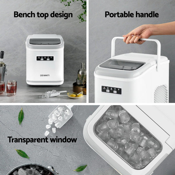 Devanti Ice Maker Machine Portable 12kg Countertop w/Self Cleaning 1.3L White Awezingly