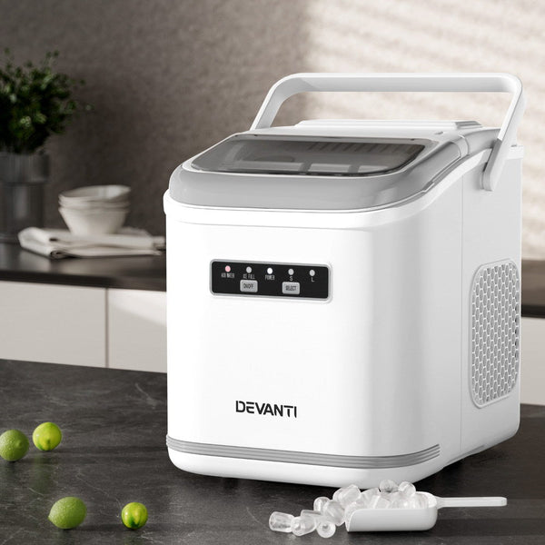 Devanti Ice Maker Machine Portable 12kg Countertop w/Self Cleaning 1.3L White Awezingly