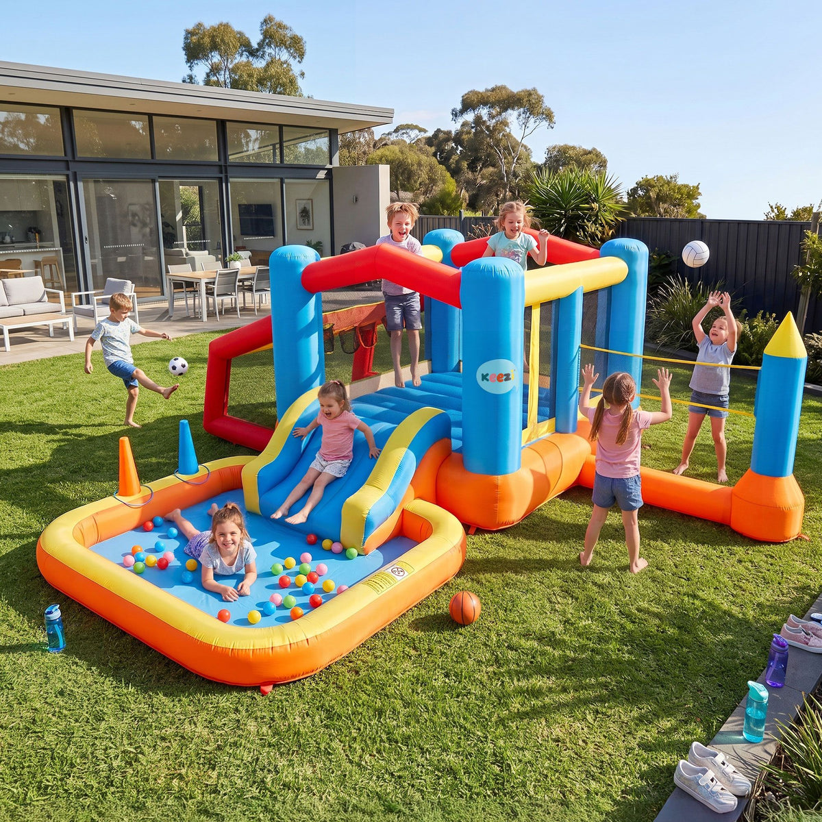 Keezi Inflatable Kids Pool Play Park Jumping Castle Volleyball Net with Blower Balls 4mx4.37m Awezingly