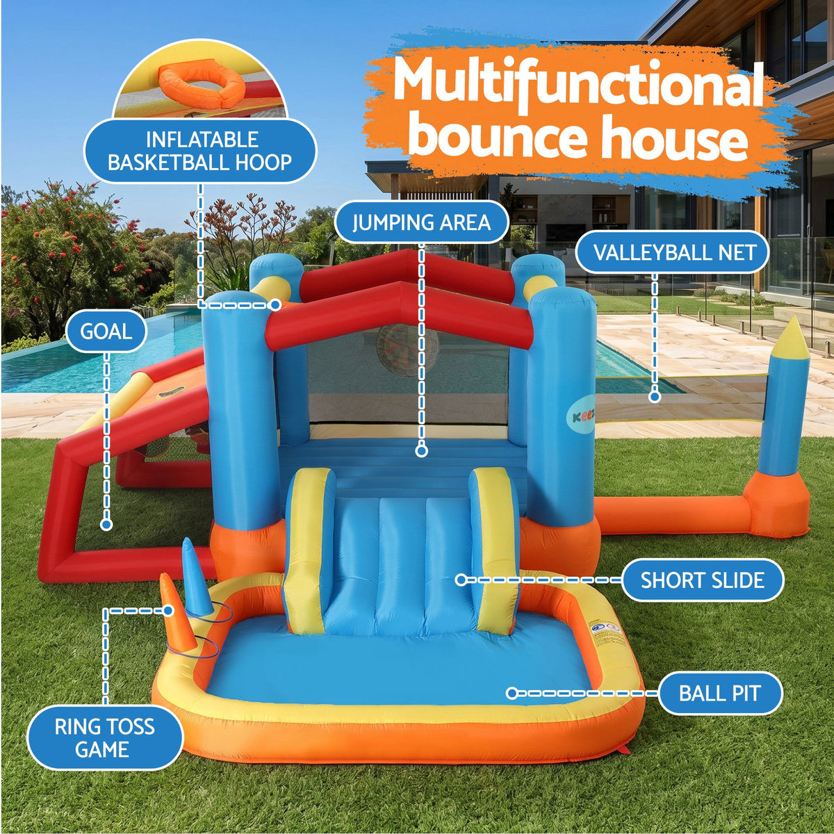 Keezi Inflatable Kids Pool Play Park Jumping Castle Volleyball Net with Blower Balls 4mx4.37m Awezingly