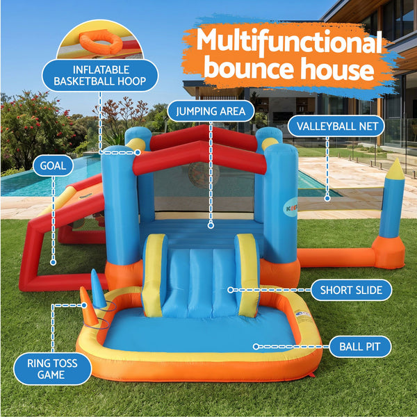 Keezi Inflatable Kids Pool Play Park Jumping Castle Volleyball Net with Blower Balls 4mx4.37m Awezingly