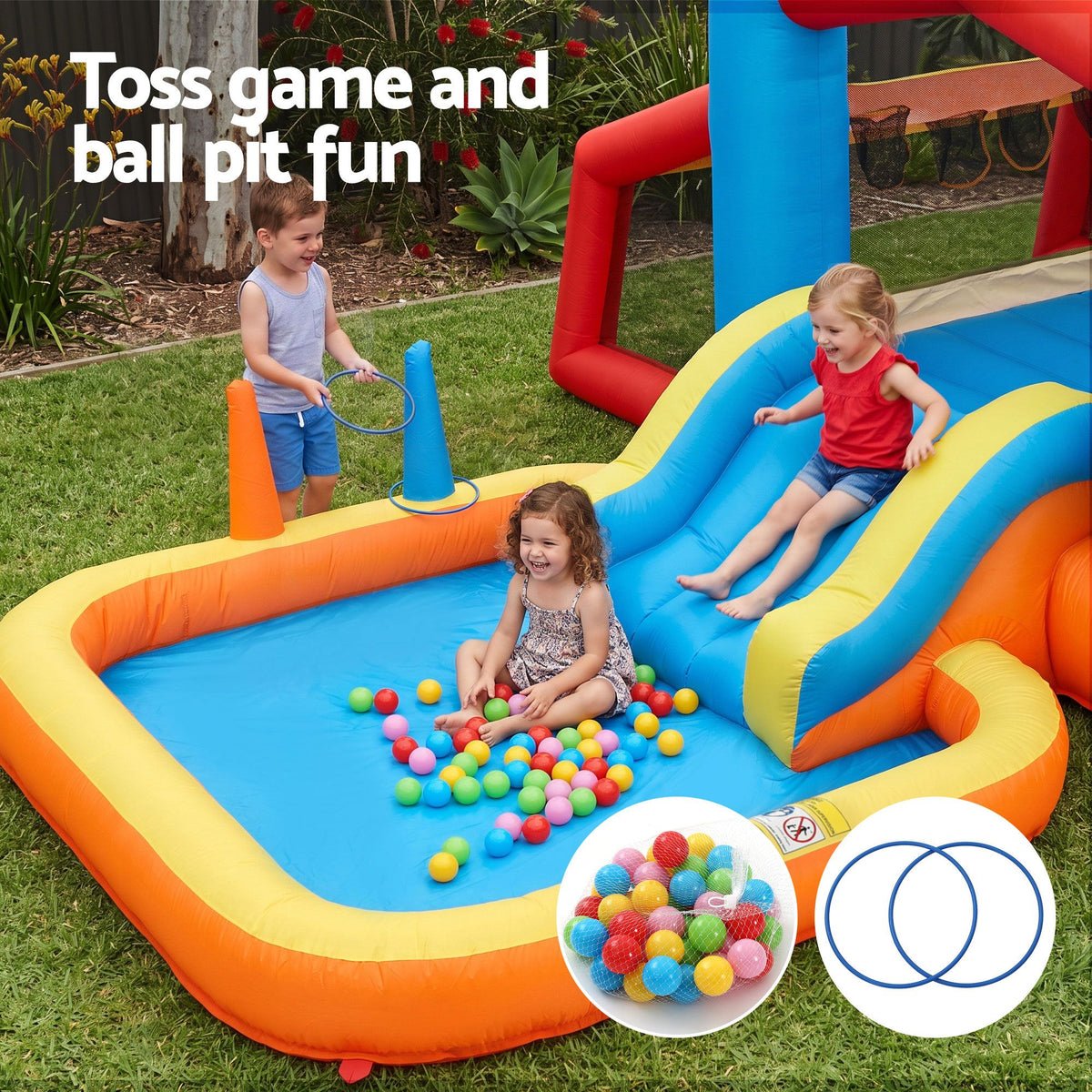 Keezi Inflatable Kids Pool Play Park Jumping Castle Volleyball Net with Blower Balls 4mx4.37m Awezingly