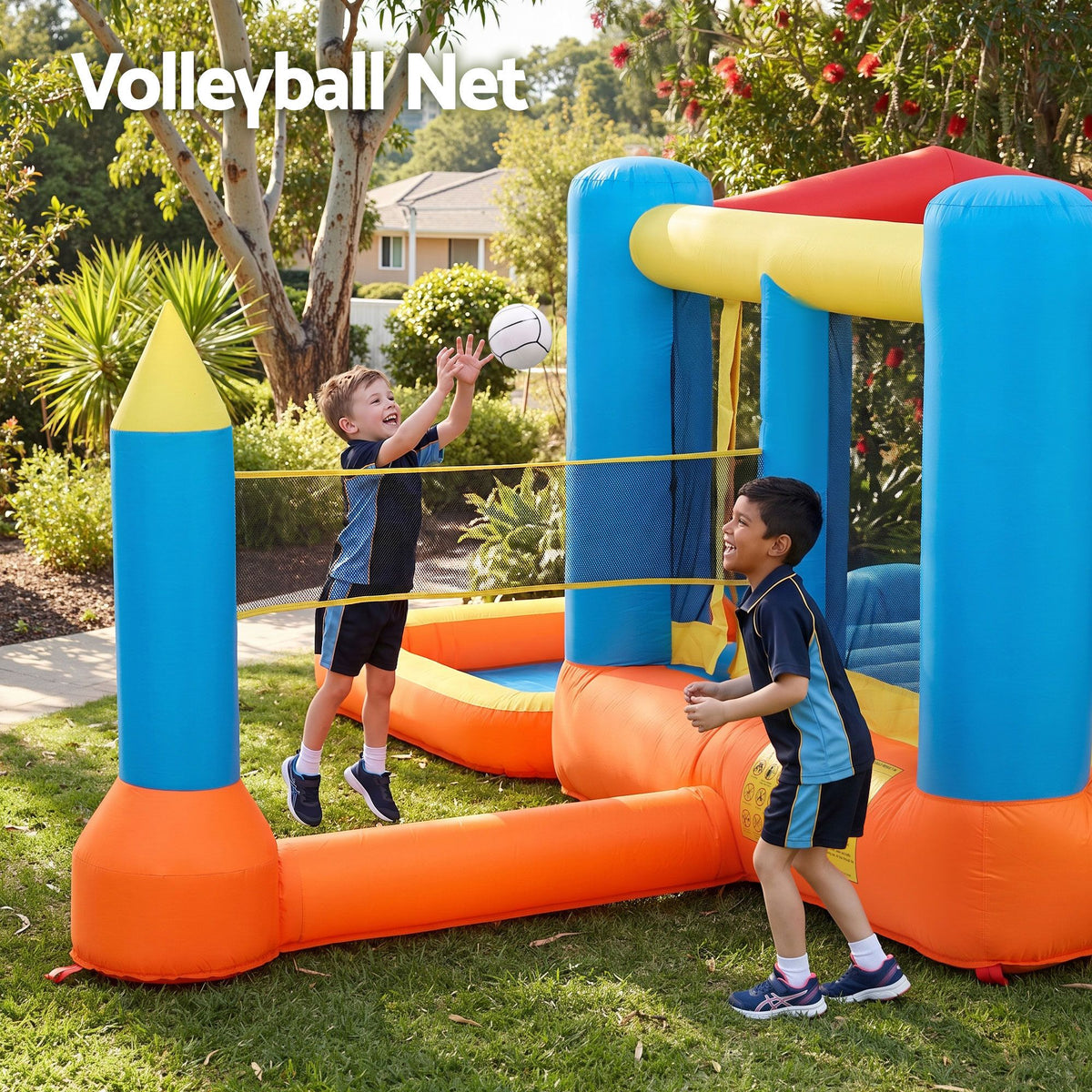 Keezi Inflatable Kids Pool Play Park Jumping Castle Volleyball Net with Blower Balls 4mx4.37m Awezingly