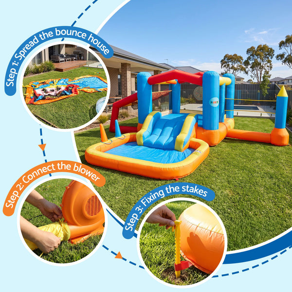 Keezi Inflatable Kids Pool Play Park Jumping Castle Volleyball Net with Blower Balls 4mx4.37m Awezingly