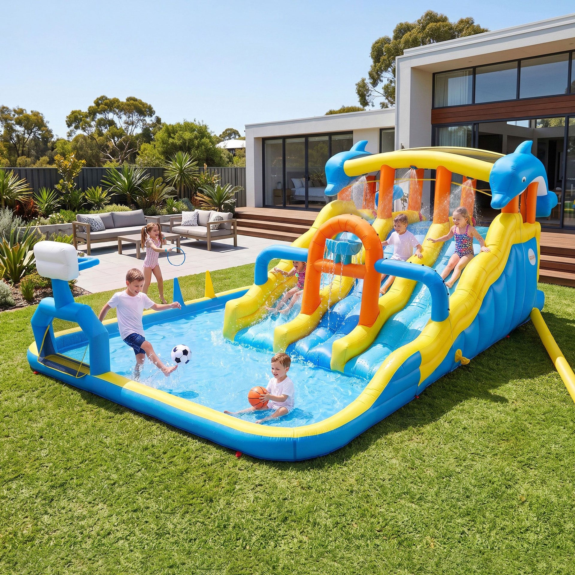 Keezi Inflatable Splash Kids Pool Water Slide Park with Blower 4m x 5.65m Awezingly