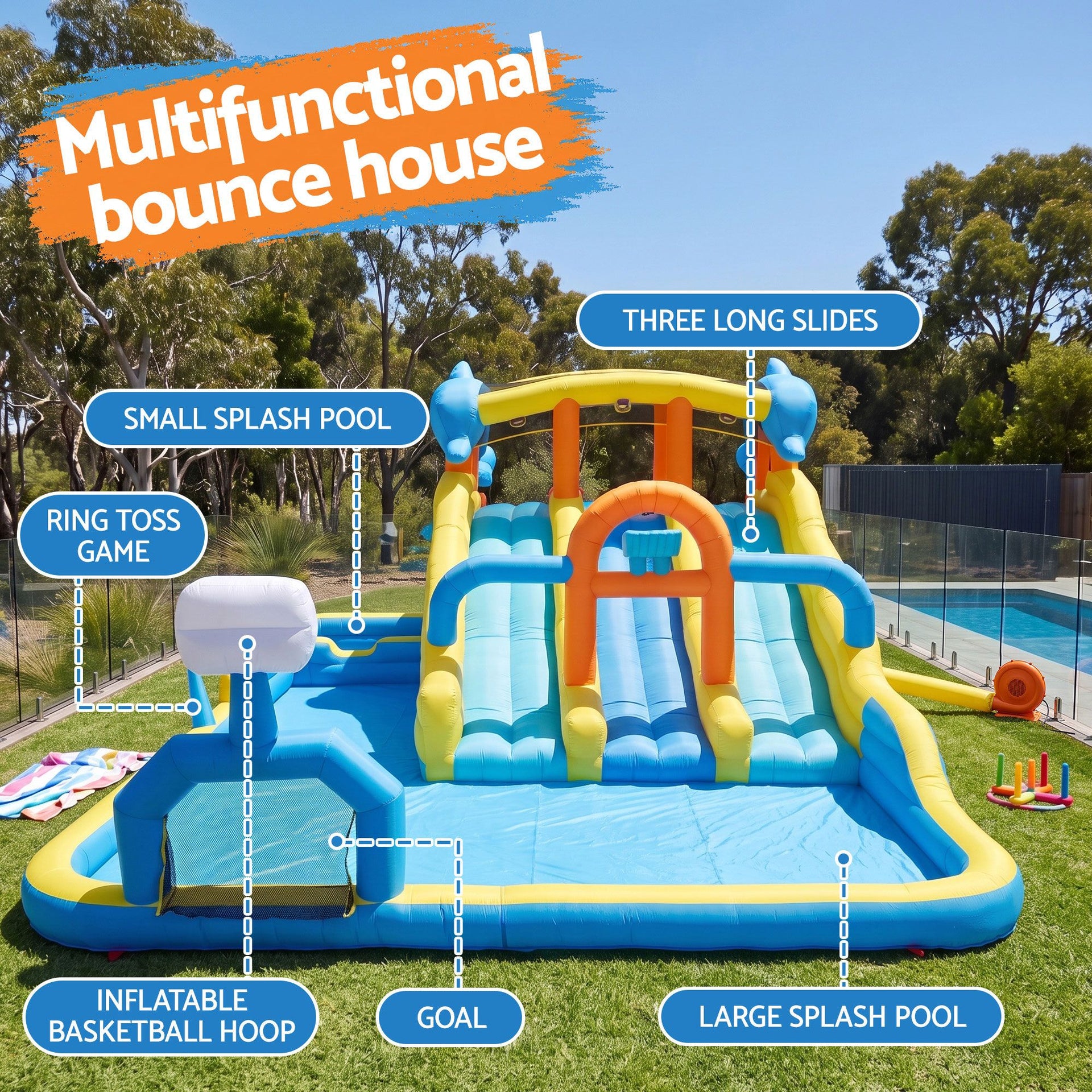 Keezi Inflatable Splash Kids Pool Water Slide Park with Blower 4m x 5.65m Awezingly