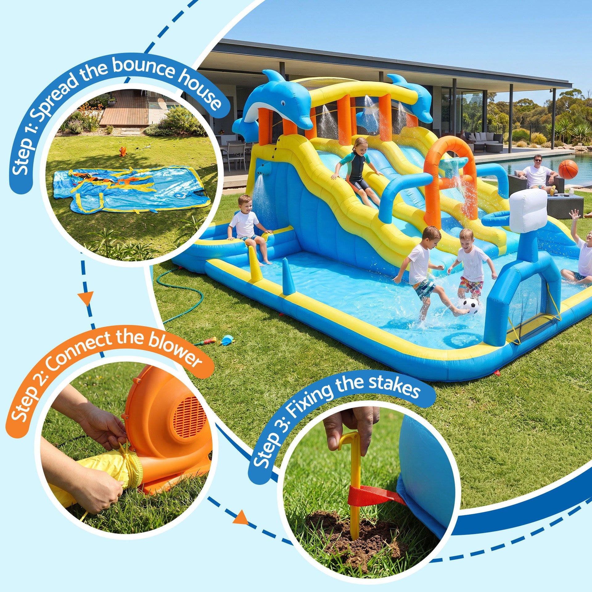 Keezi Inflatable Splash Kids Pool Water Slide Park with Blower 4m x 5.65m Awezingly