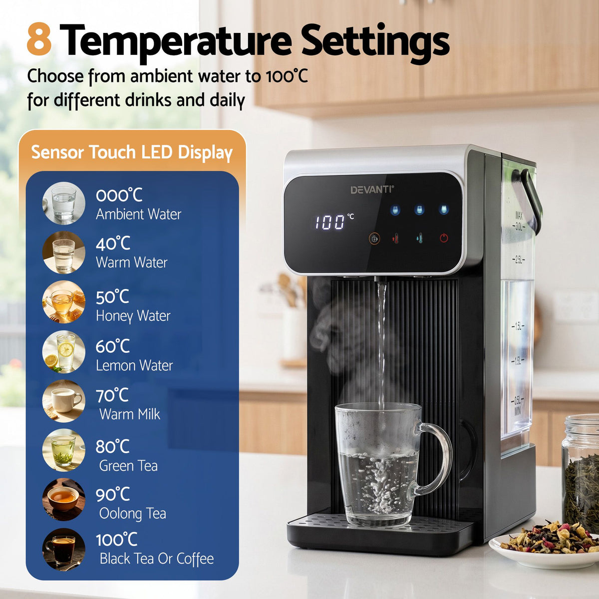 Devanti Instant Hot Water Dispenser 3L Heating Kettle 2400W Touch Control Water Black Awezingly