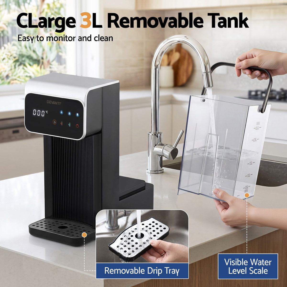Devanti Instant Hot Water Dispenser 3L Heating Kettle 2400W Touch Control Water Black Awezingly