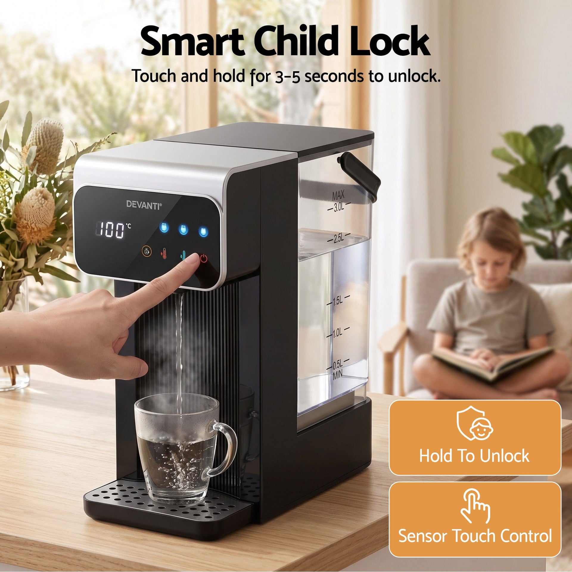 Devanti Instant Hot Water Dispenser 3L Heating Kettle 2400W Touch Control Water Black Awezingly