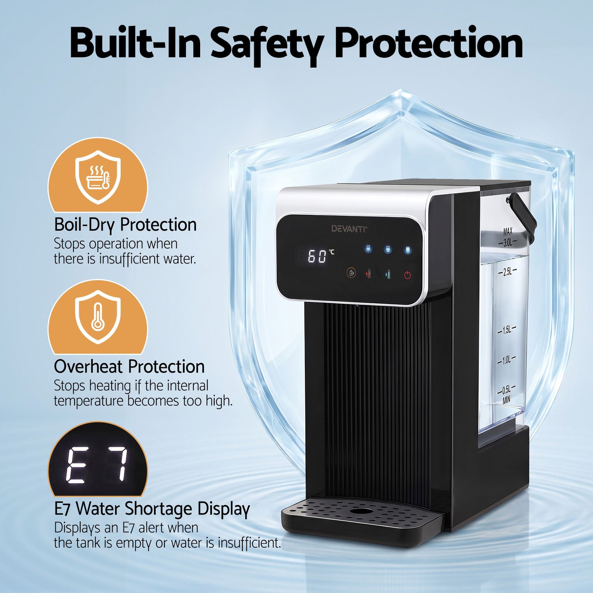 Devanti Instant Hot Water Dispenser 3L Heating Kettle 2400W Touch Control Water Black Awezingly
