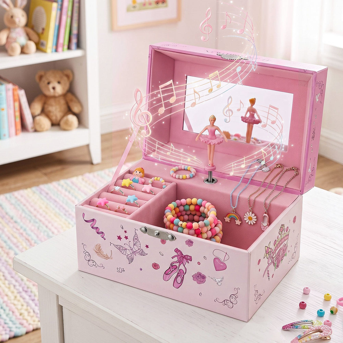 Keezi Kids Jewellery Box Organiser for Girls Kids Music Box Princess Pink Awezingly