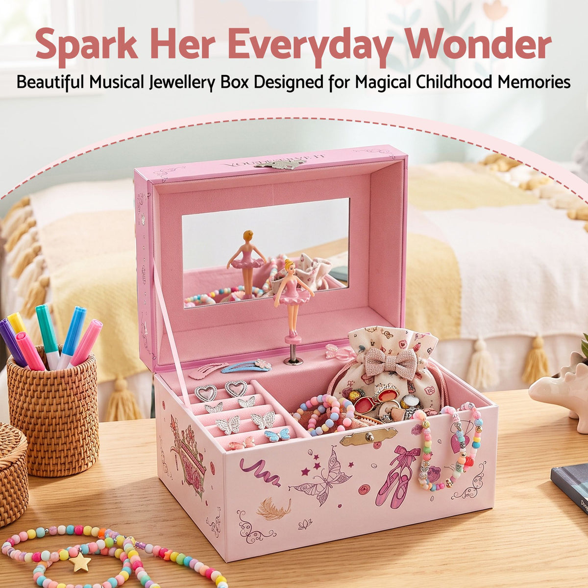 Keezi Kids Jewellery Box Organiser for Girls Kids Music Box Princess Pink Awezingly