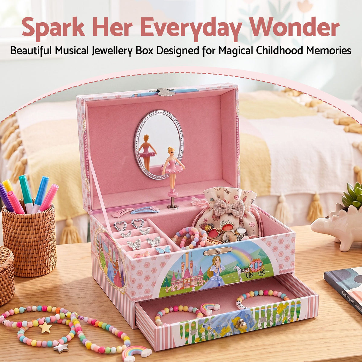 Keezi Kids Jewellery Box Organiser for Girls Kids Music Box with Drawer Awezingly