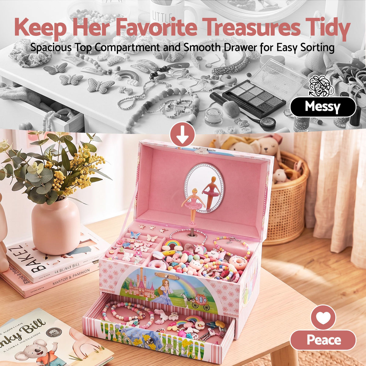 Keezi Kids Jewellery Box Organiser for Girls Kids Music Box with Drawer Awezingly