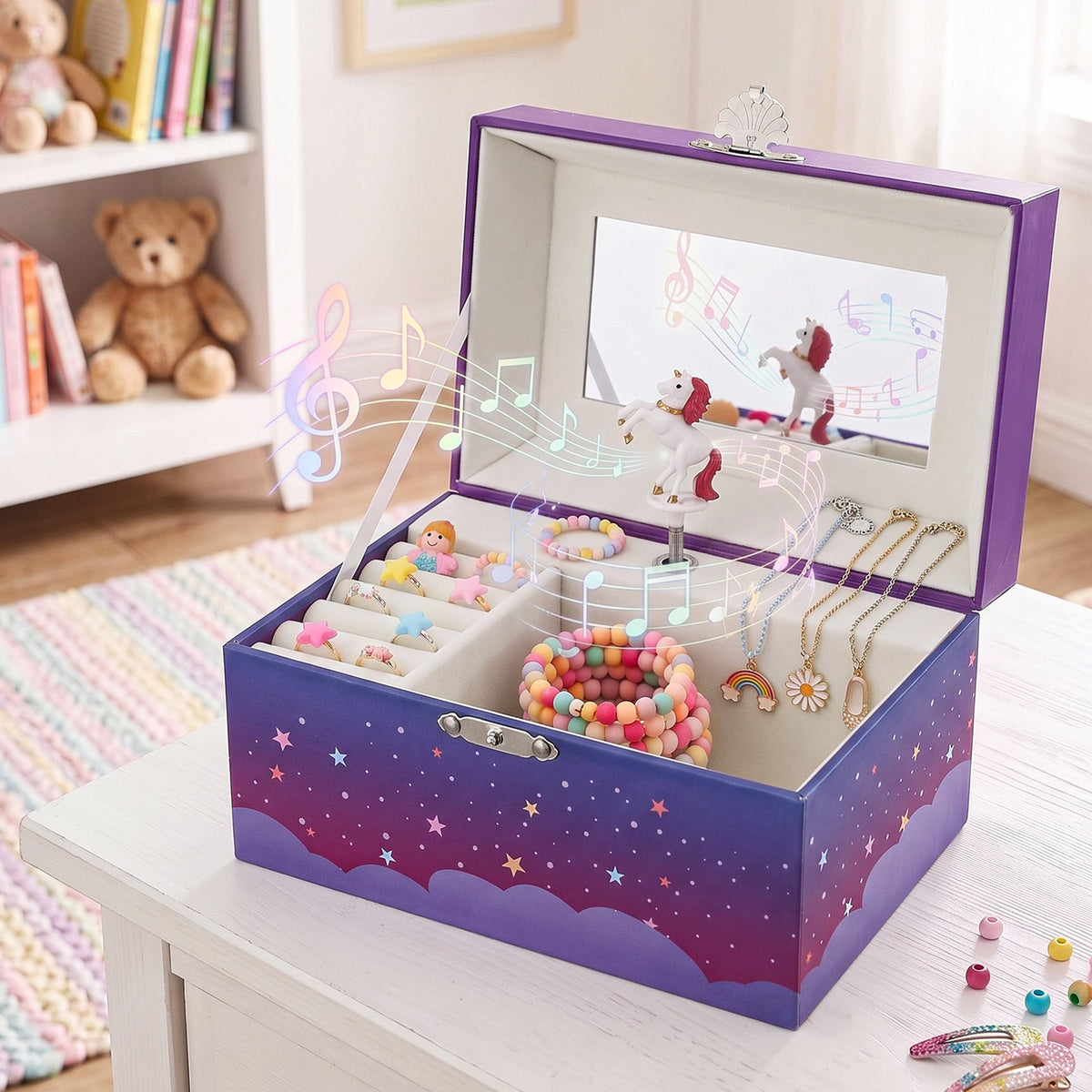 Keezi Kids Jewellery Box Organiser for Girls Kids Music Box Unicorn Purple Awezingly