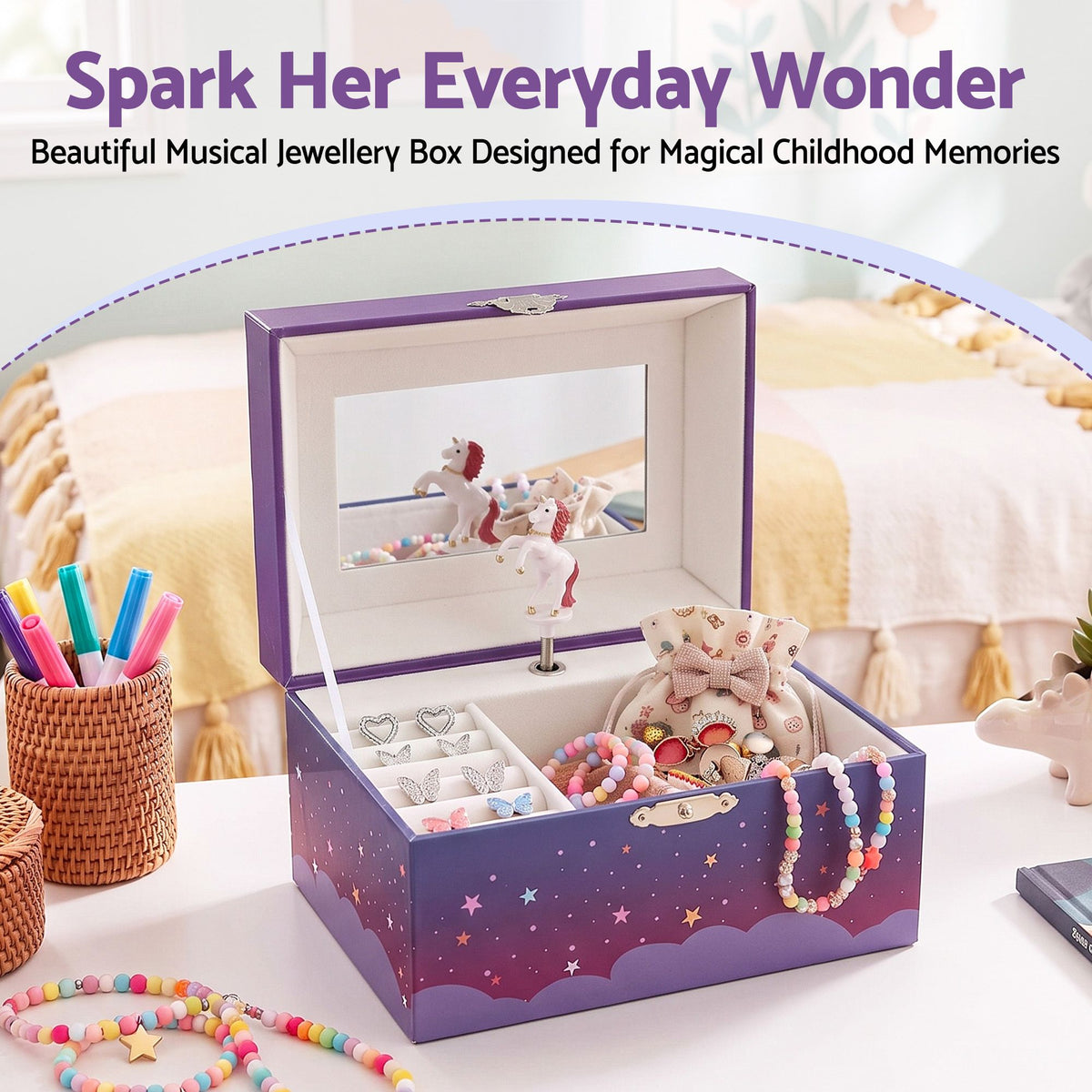 Keezi Kids Jewellery Box Organiser for Girls Kids Music Box Unicorn Purple Awezingly