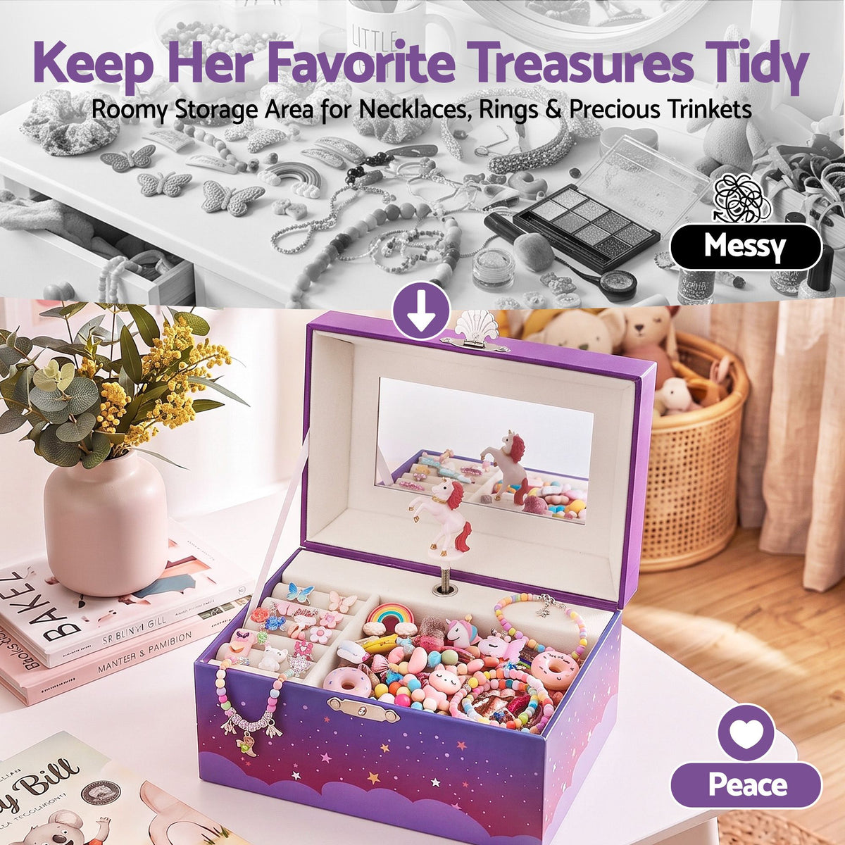 Keezi Kids Jewellery Box Organiser for Girls Kids Music Box Unicorn Purple Awezingly