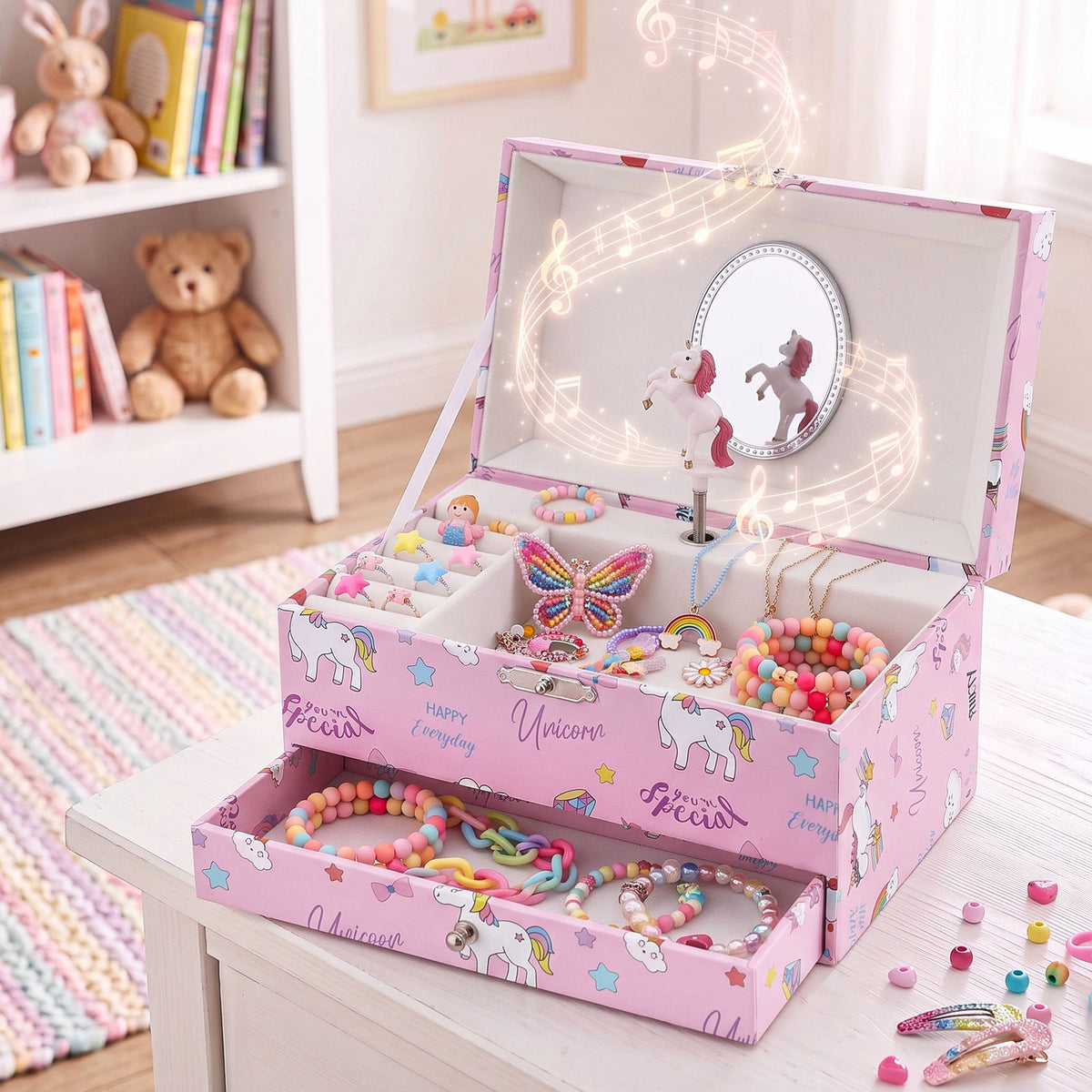 Keezi Kids Jewellery Box Organiser for Girls Kids Music Box with Mirror Awezingly