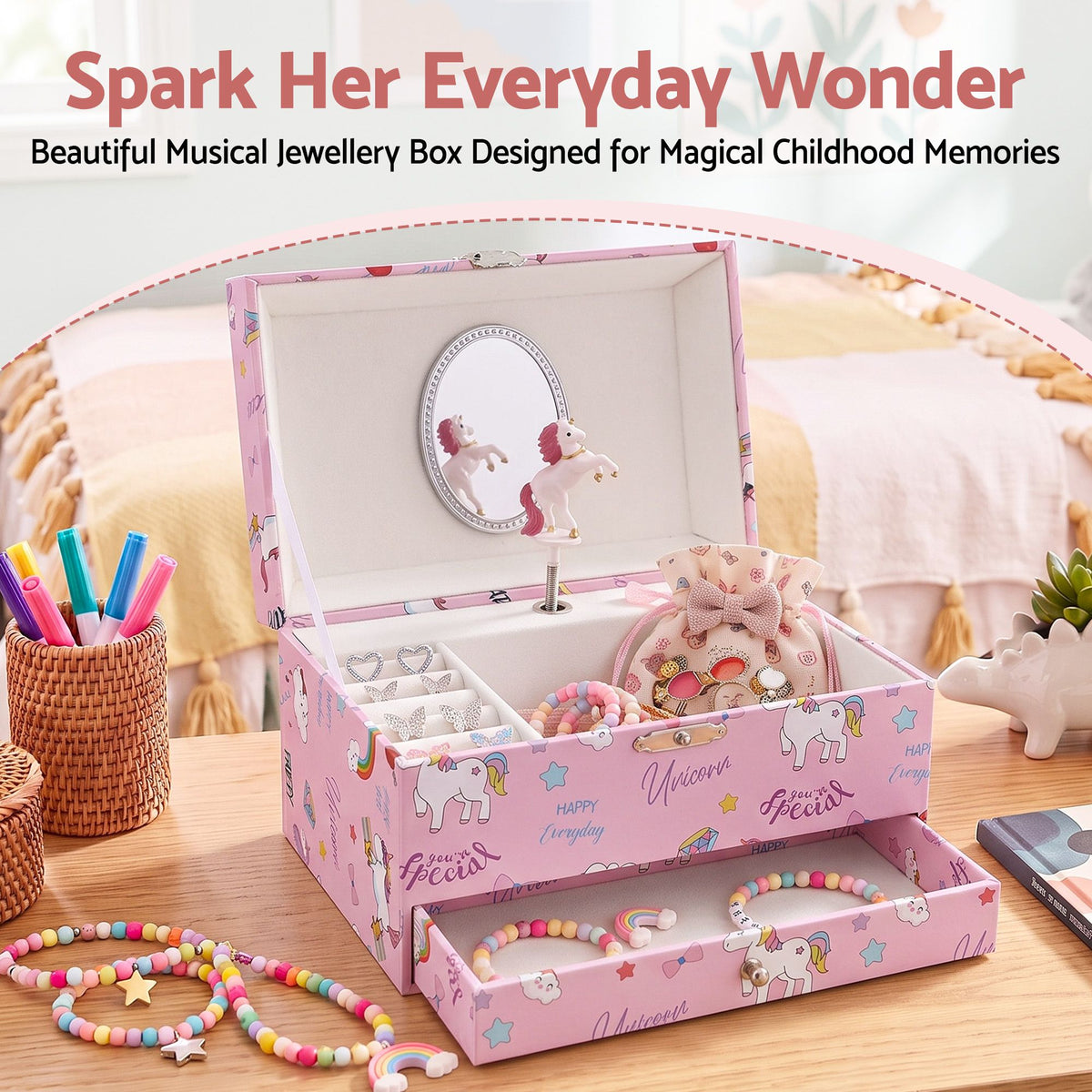 Keezi Kids Jewellery Box Organiser for Girls Kids Music Box with Mirror Awezingly