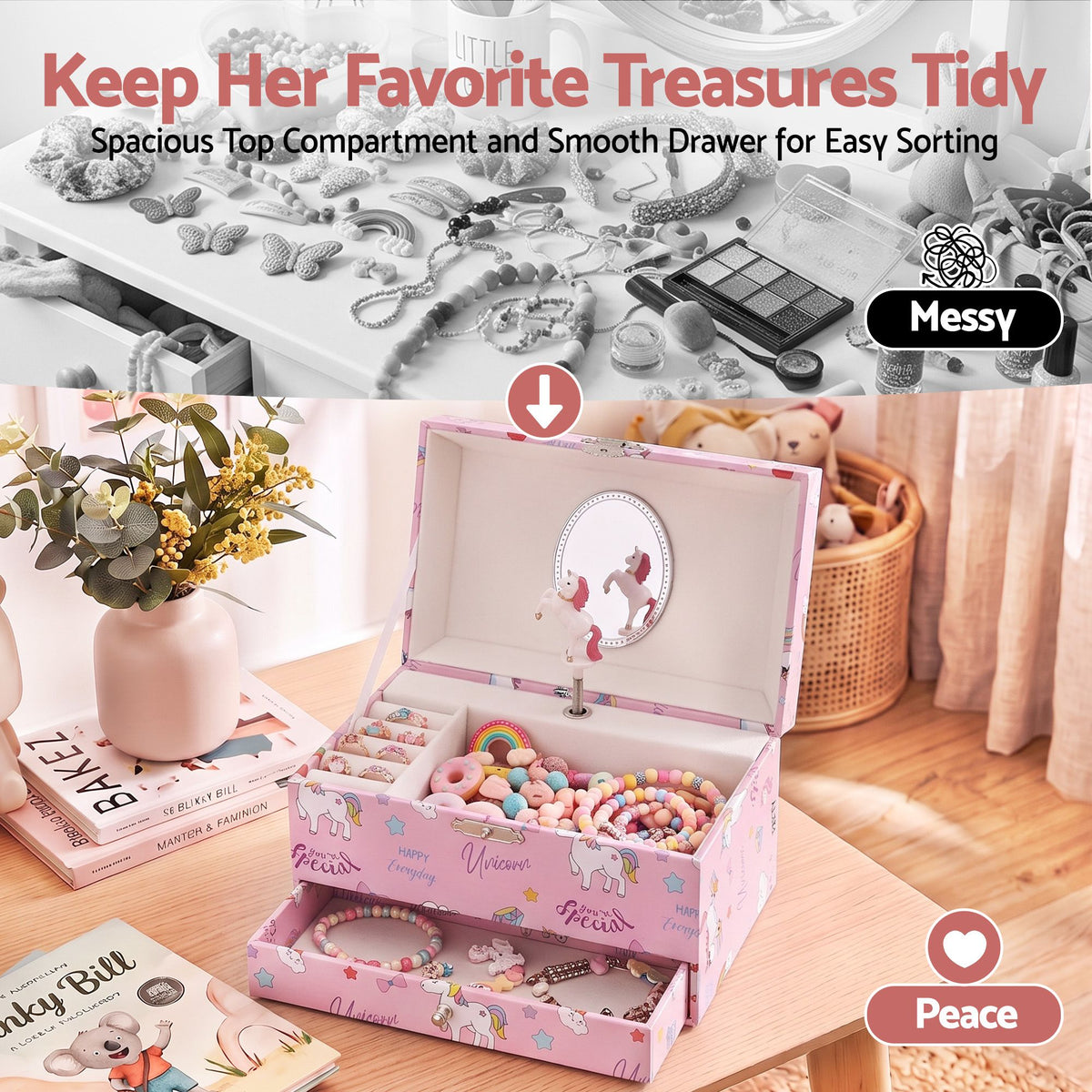 Keezi Kids Jewellery Box Organiser for Girls Kids Music Box with Mirror Awezingly