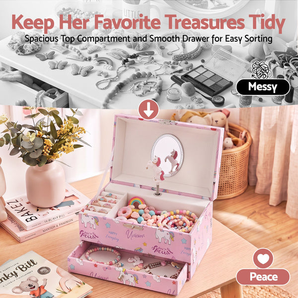 Keezi Kids Jewellery Box Organiser for Girls Kids Music Box with Mirror Awezingly