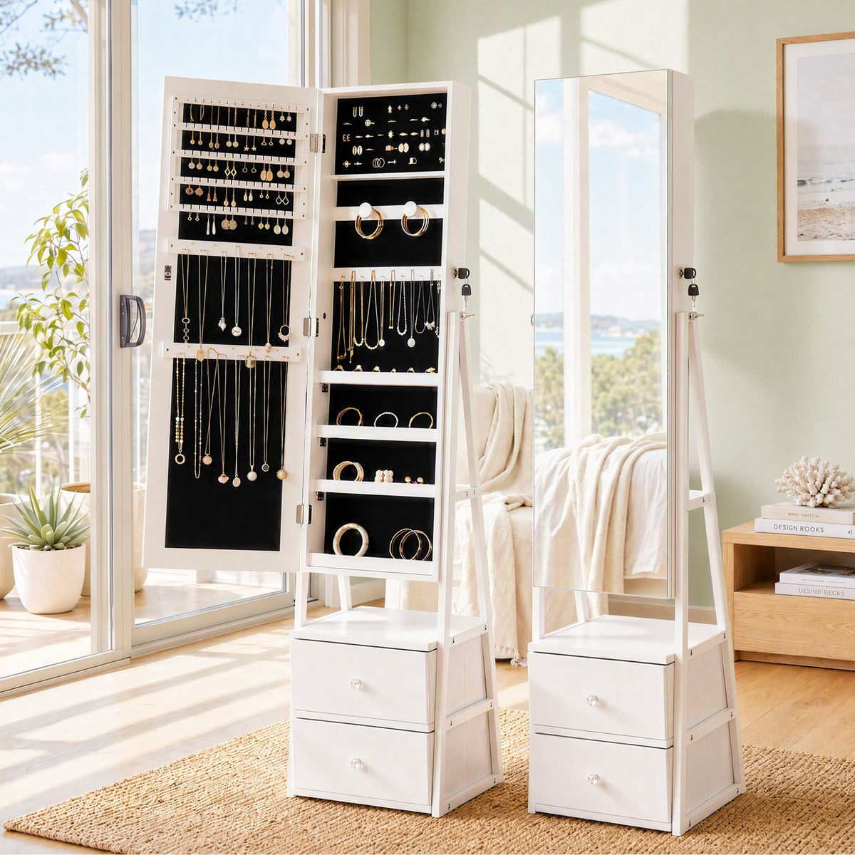 Artiss Lockable Jewelry Armoire with Mirror, Freestanding Organizer Cabinet with Drawers, White Awezingly