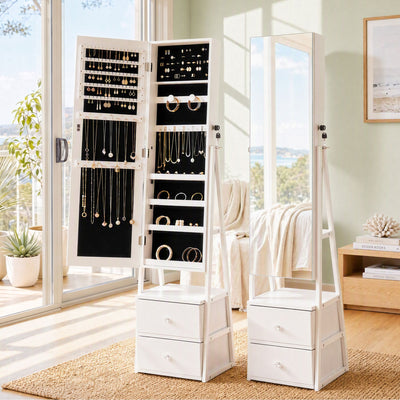 Artiss Lockable Jewelry Armoire with Mirror, Freestanding Organizer Cabinet with Drawers, White