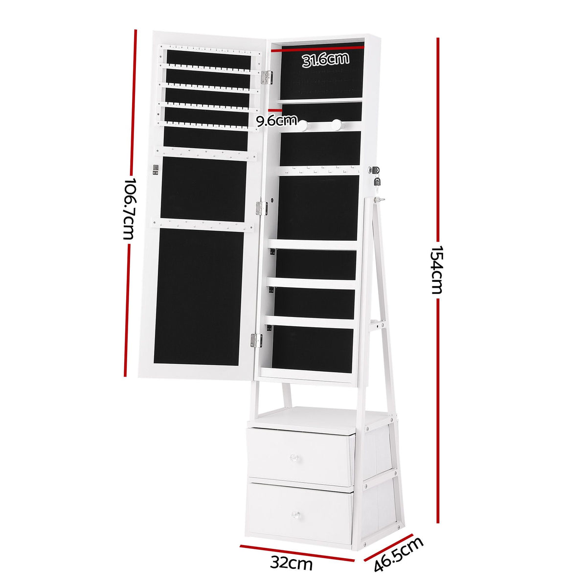 Artiss Lockable Jewelry Armoire with Mirror, Freestanding Organizer Cabinet with Drawers, White Awezingly