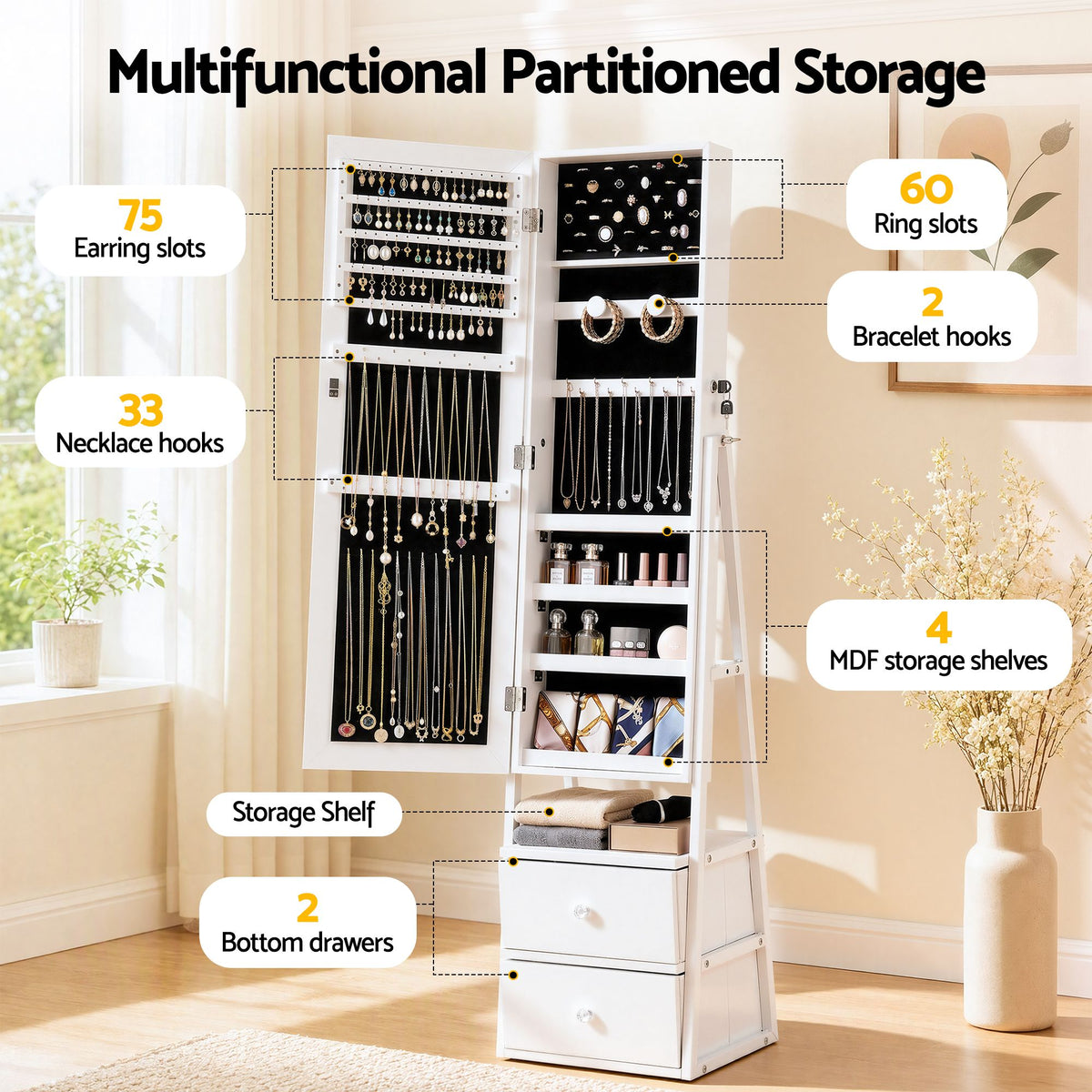 Artiss Lockable Jewelry Armoire with Mirror, Freestanding Organizer Cabinet with Drawers, White Awezingly