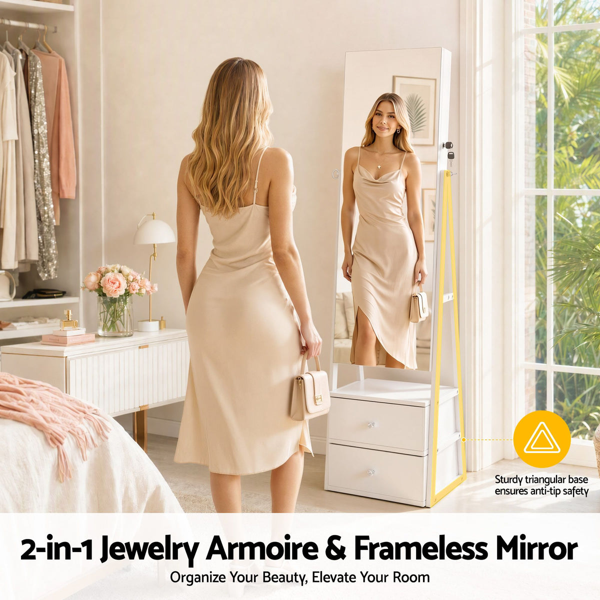 Artiss Lockable Jewelry Armoire with Mirror, Freestanding Organizer Cabinet with Drawers, White Awezingly