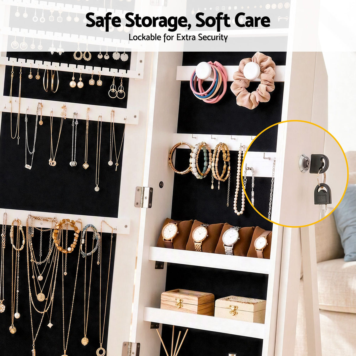 Artiss Lockable Jewelry Armoire with Mirror, Freestanding Organizer Cabinet with Drawers, White Awezingly