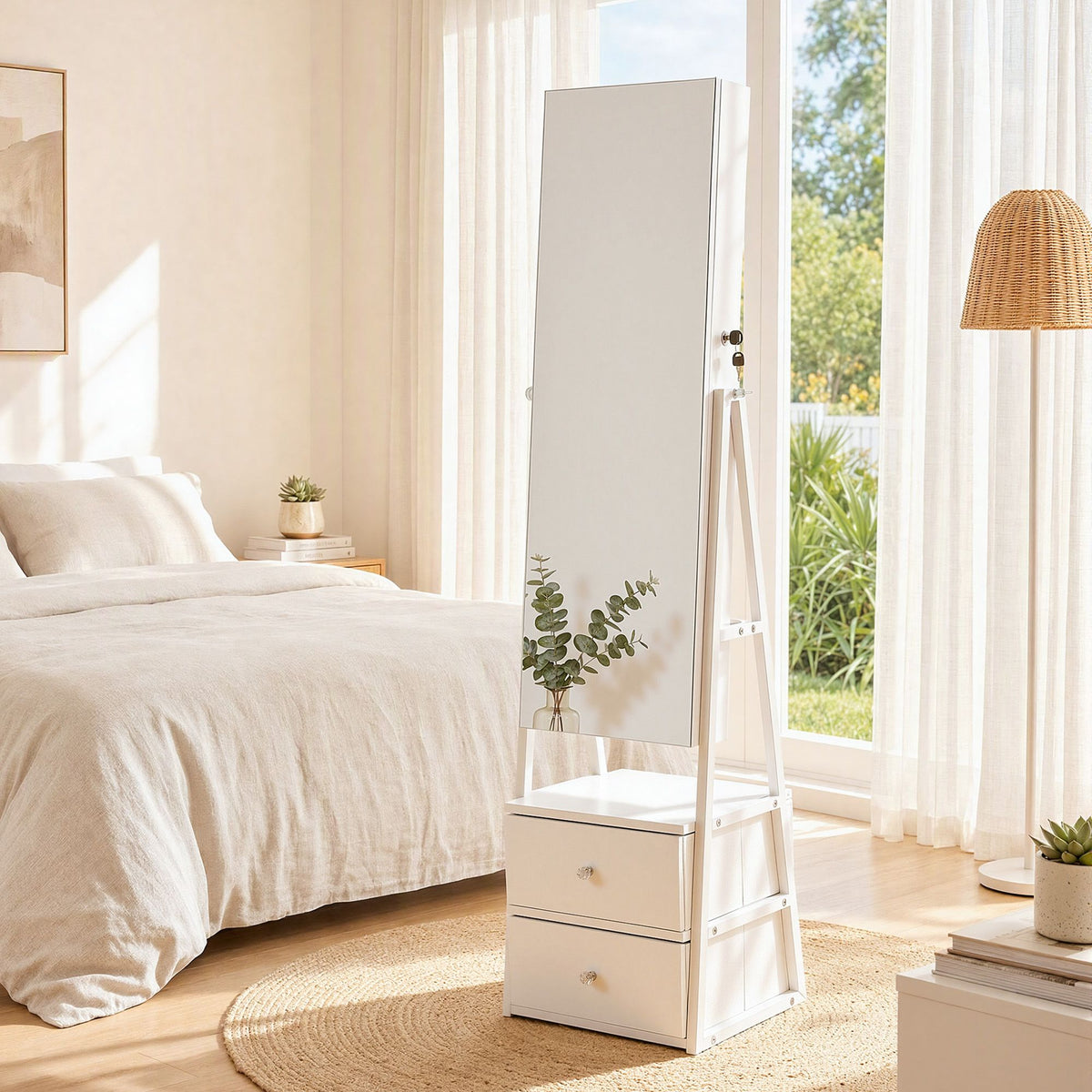 Artiss Lockable Jewelry Armoire with Mirror, Freestanding Organizer Cabinet with Drawers, White Awezingly