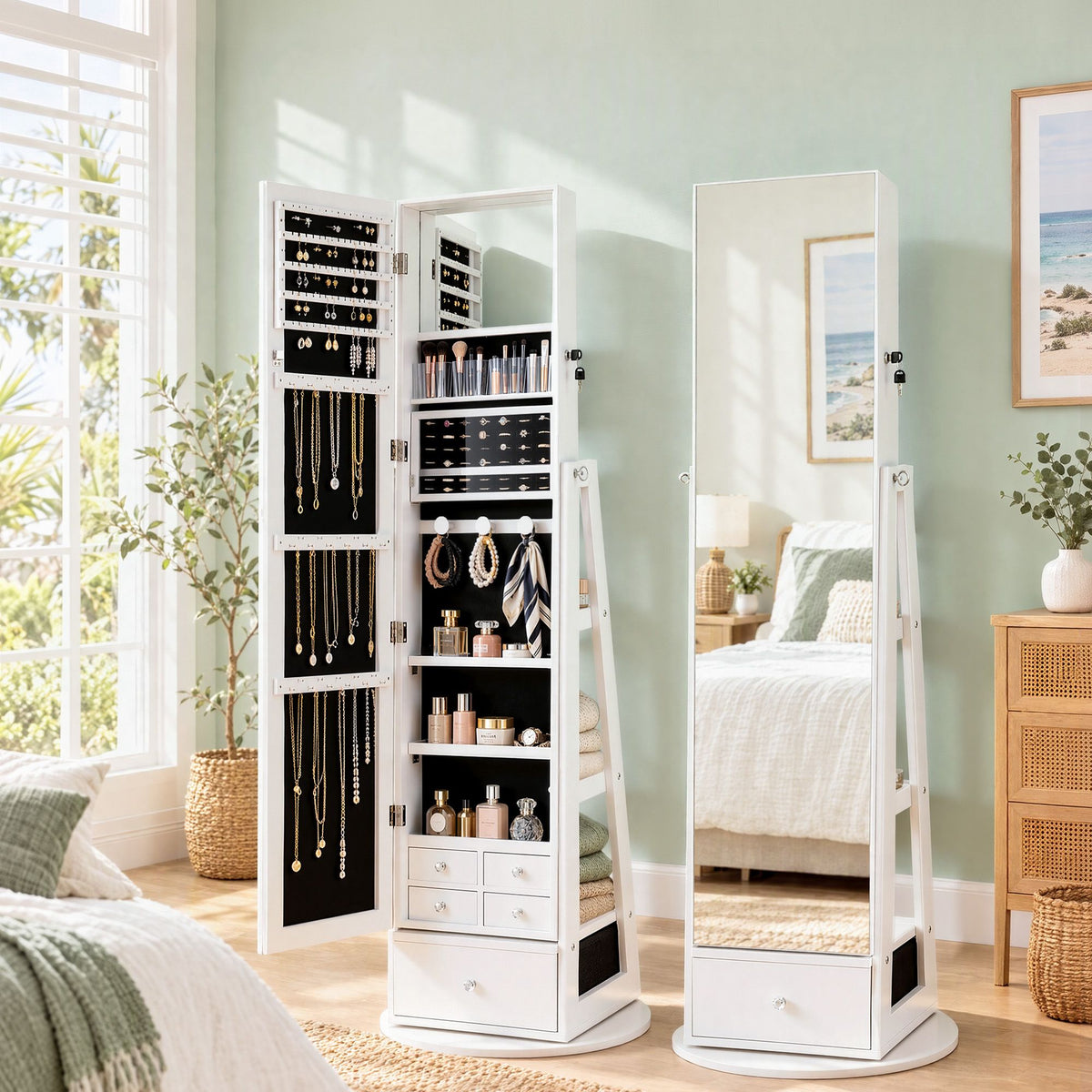 Artiss 360° Rotating Jewelry Cabinet Full Length Mirror, White Awezingly