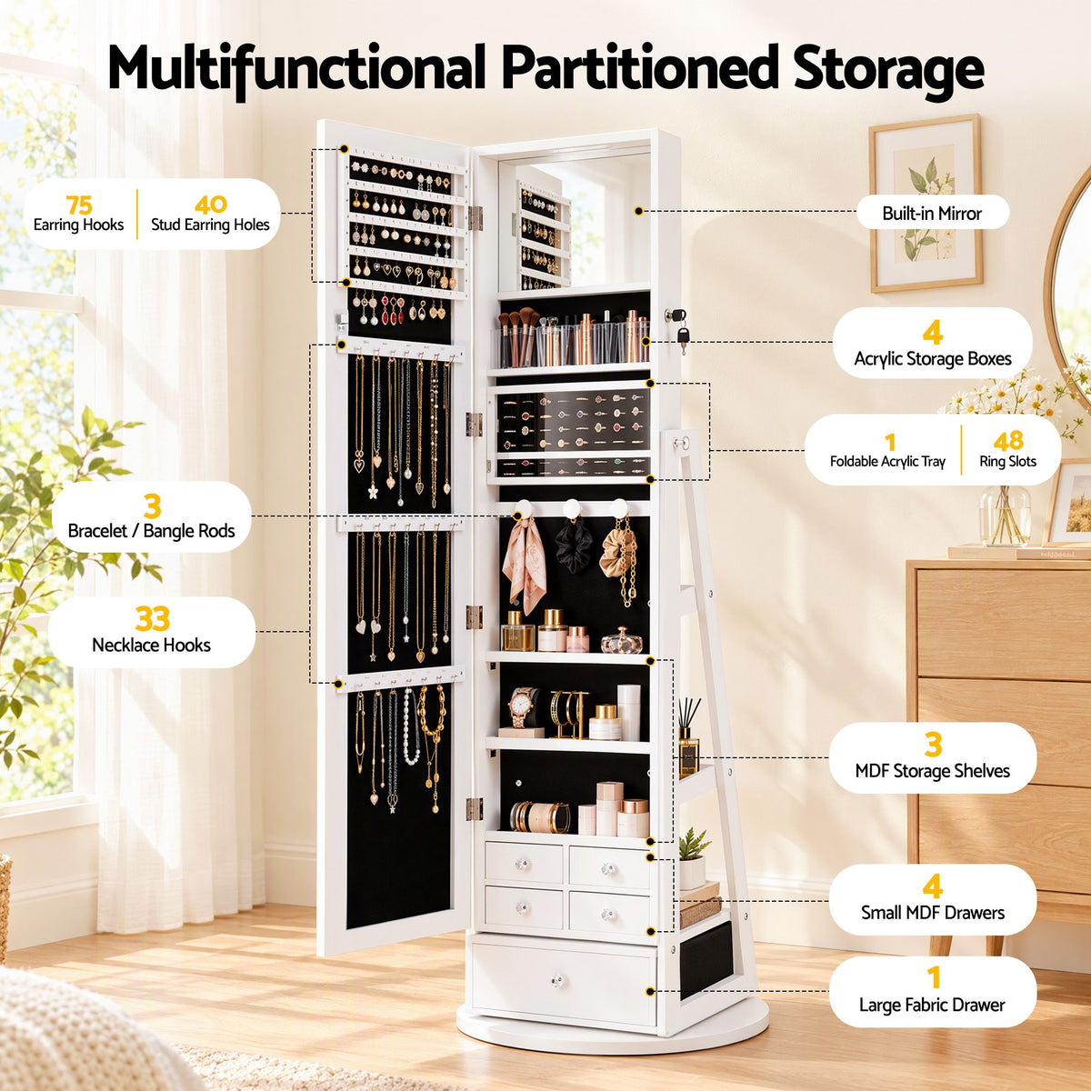 Artiss 360° Rotating Jewelry Cabinet Full Length Mirror, White Awezingly