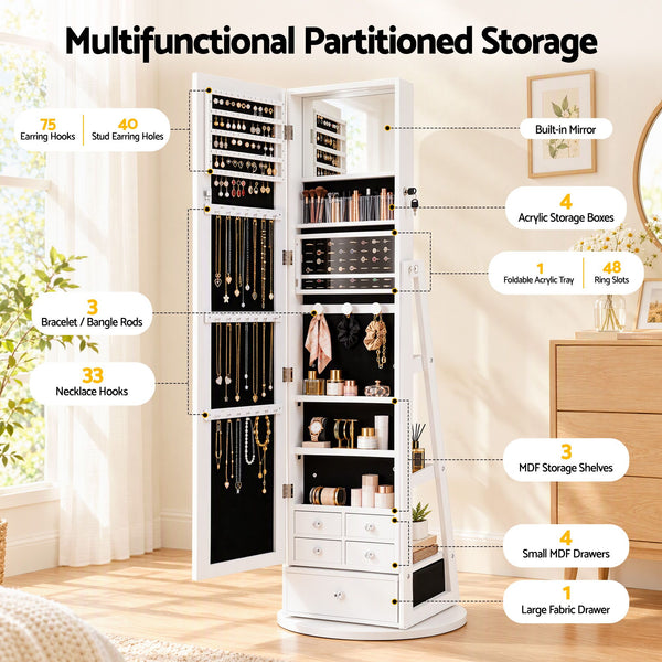 Artiss 360° Rotating Jewelry Cabinet Full Length Mirror, White Awezingly