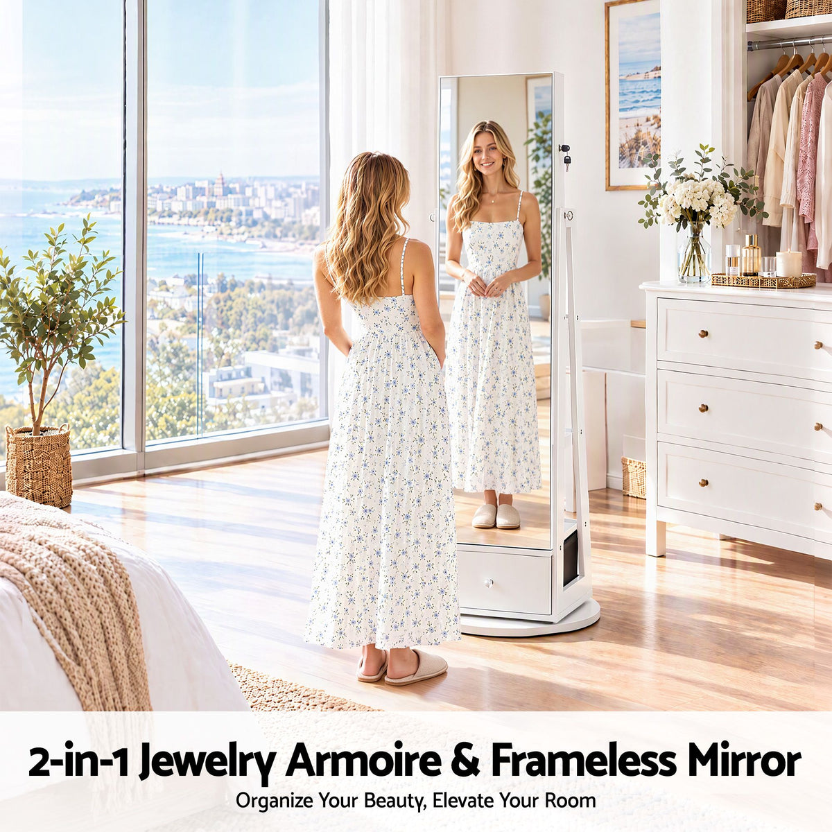 Artiss 360° Rotating Jewelry Cabinet Full Length Mirror, White Awezingly