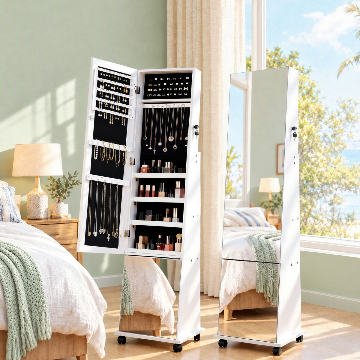 Artiss Jewelry Cabinet Frameless Full Length Mirror with Wheels, White Awezingly
