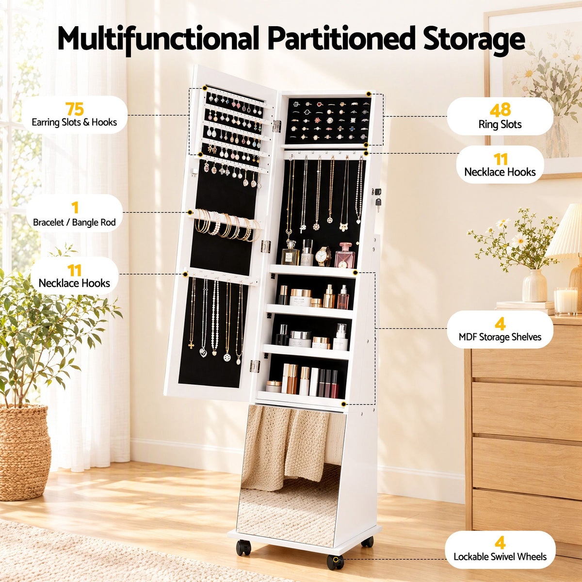 Artiss Jewelry Cabinet Frameless Full Length Mirror with Wheels, White Awezingly